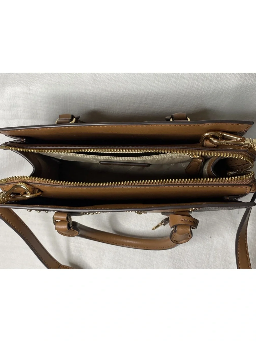 Michael Kors Tan and Brown Logo Stripe Satchel